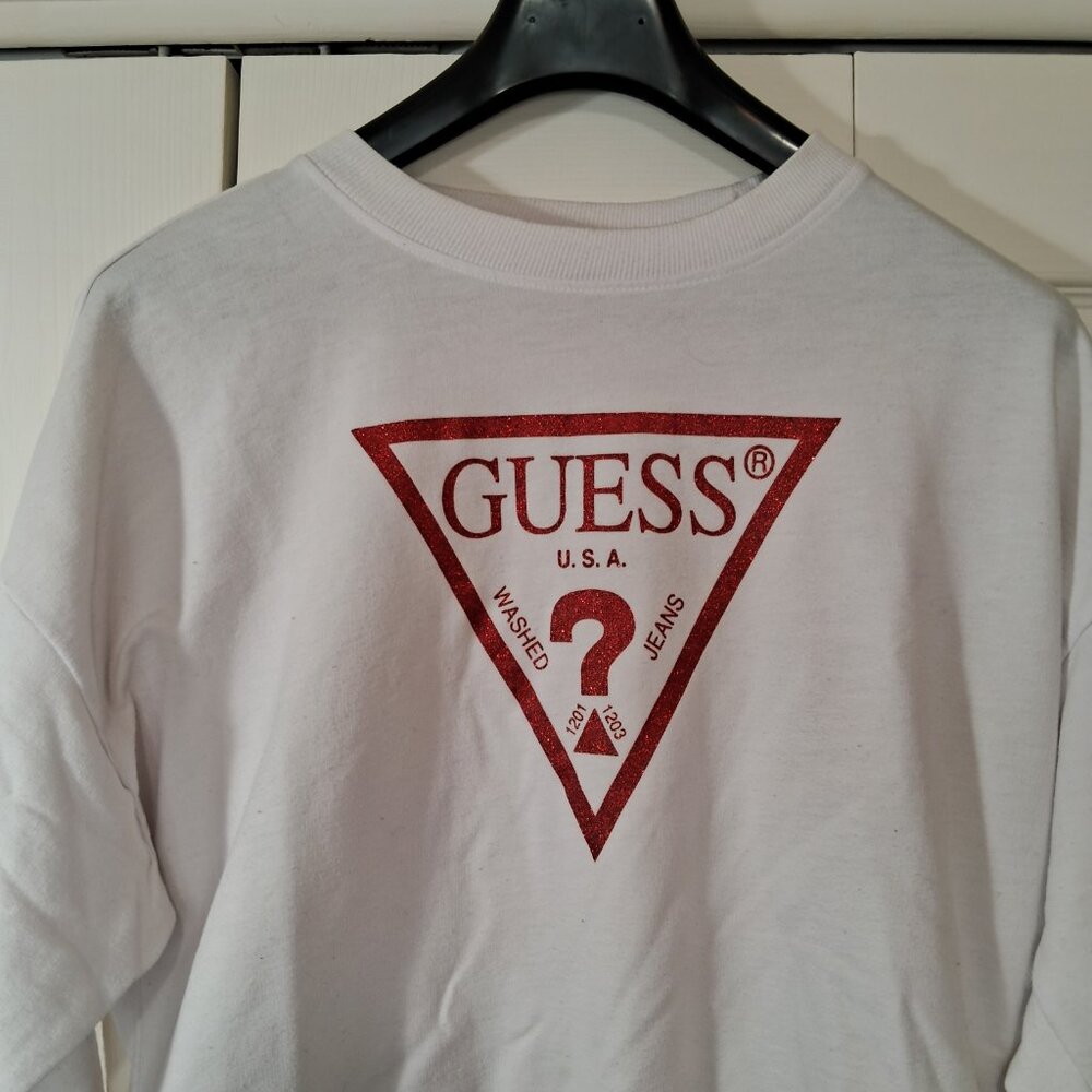 White Guess red sparkle crop sweater